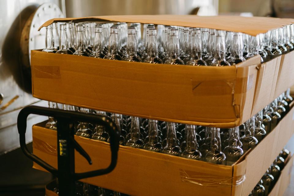 Cases of bottled water ready for despatch